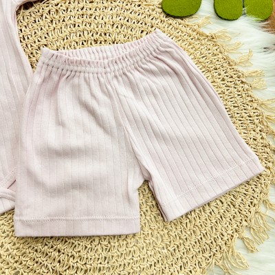 Conj. Body Manga Curta e Short Canelado - Rosa Claro